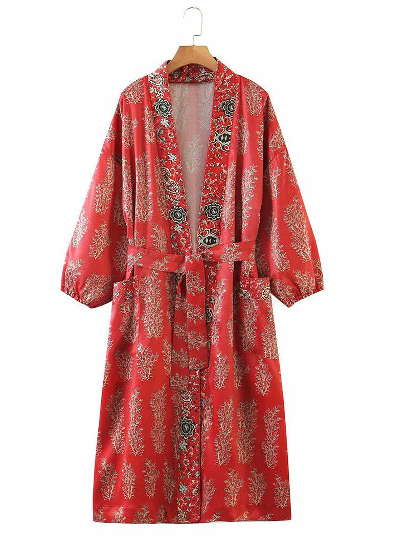 Partywear Floral Print Red Color Polyester Long Length Gown Kimono Duster Robe