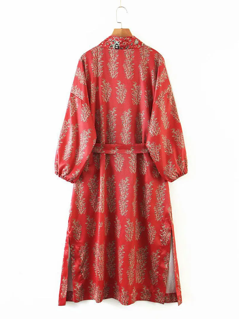 Partywear Floral Print Red Color Polyester Long Length Gown Kimono Duster Robe