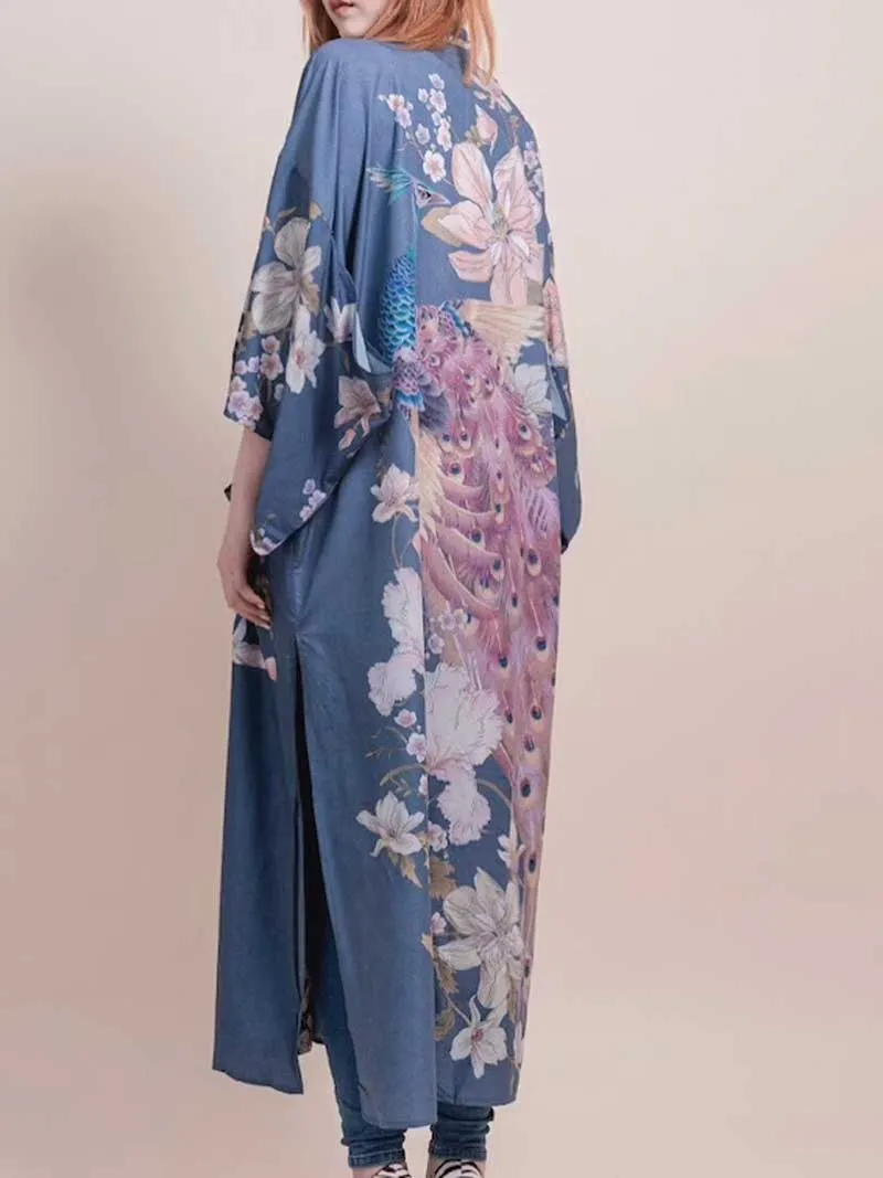 Partywear Kimono Floral Print Cotton Viscose Blue Lagoon Gown Robe Kimono