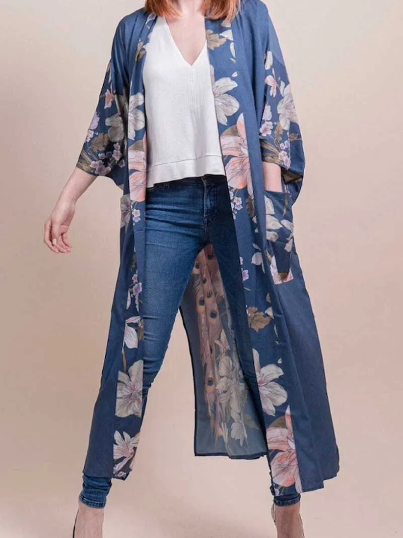 Partywear Kimono Floral Print Cotton Viscose Blue Lagoon Gown Robe Kimono