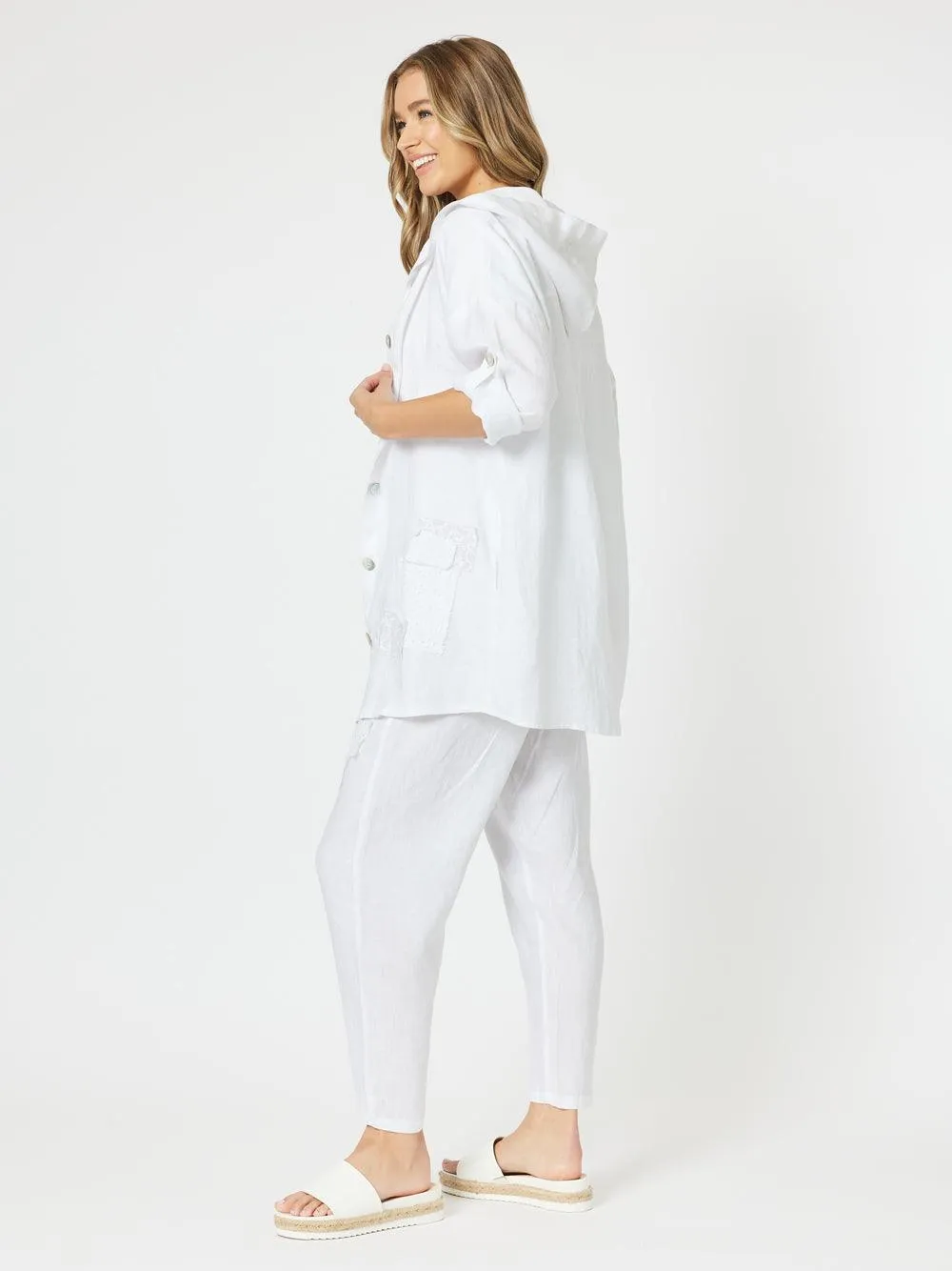 Patch Linen Hooded Jacket - White