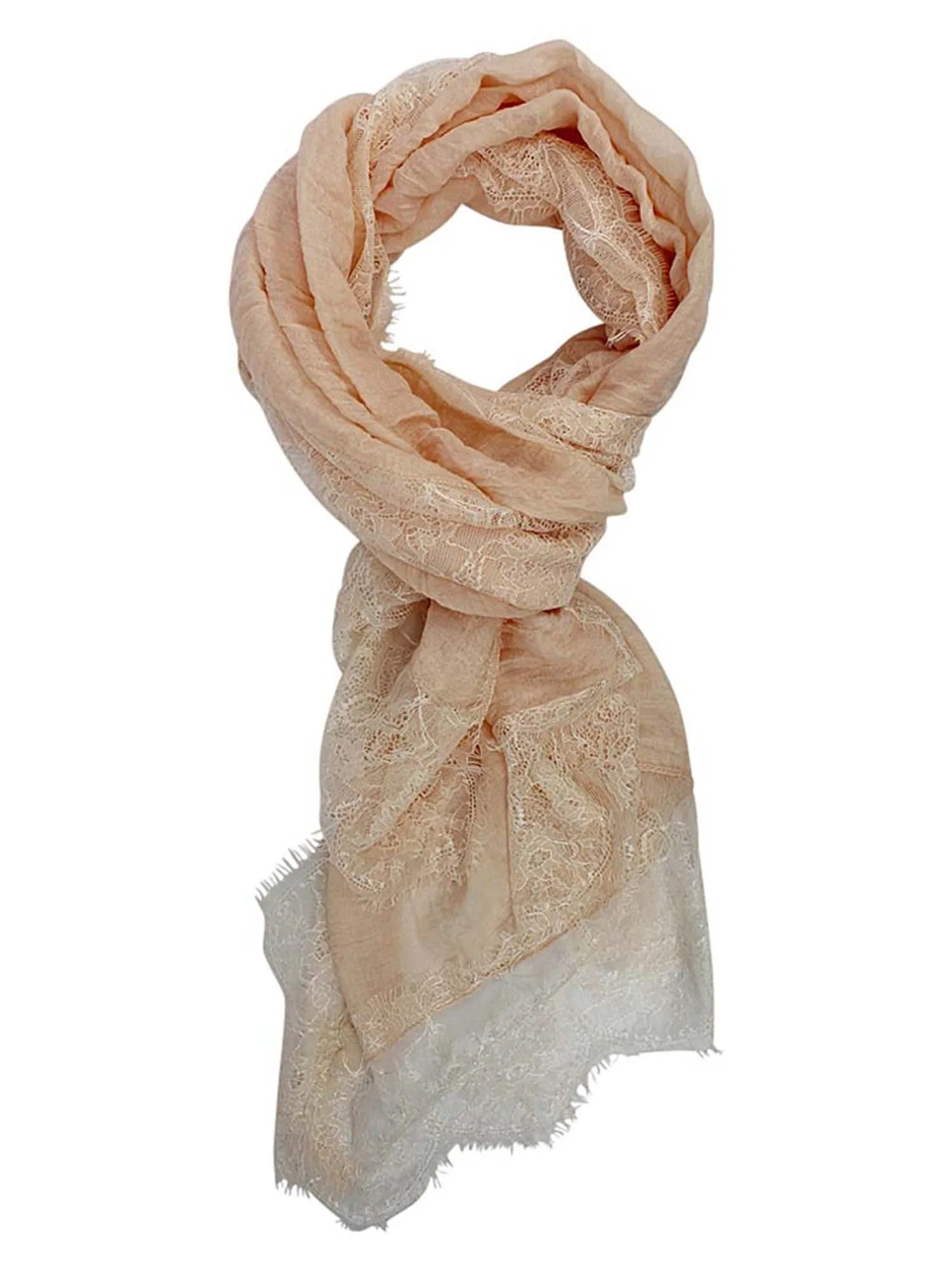 Peach Lightweight Gauze Oblong Scarf With Lace Edge