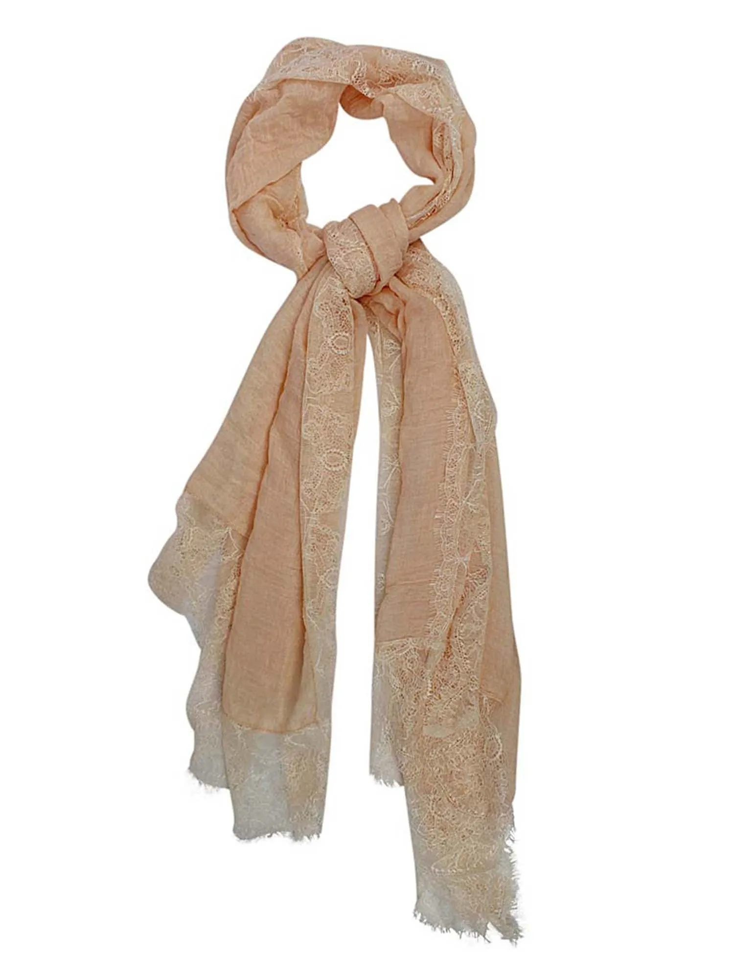 Peach Lightweight Gauze Oblong Scarf With Lace Edge