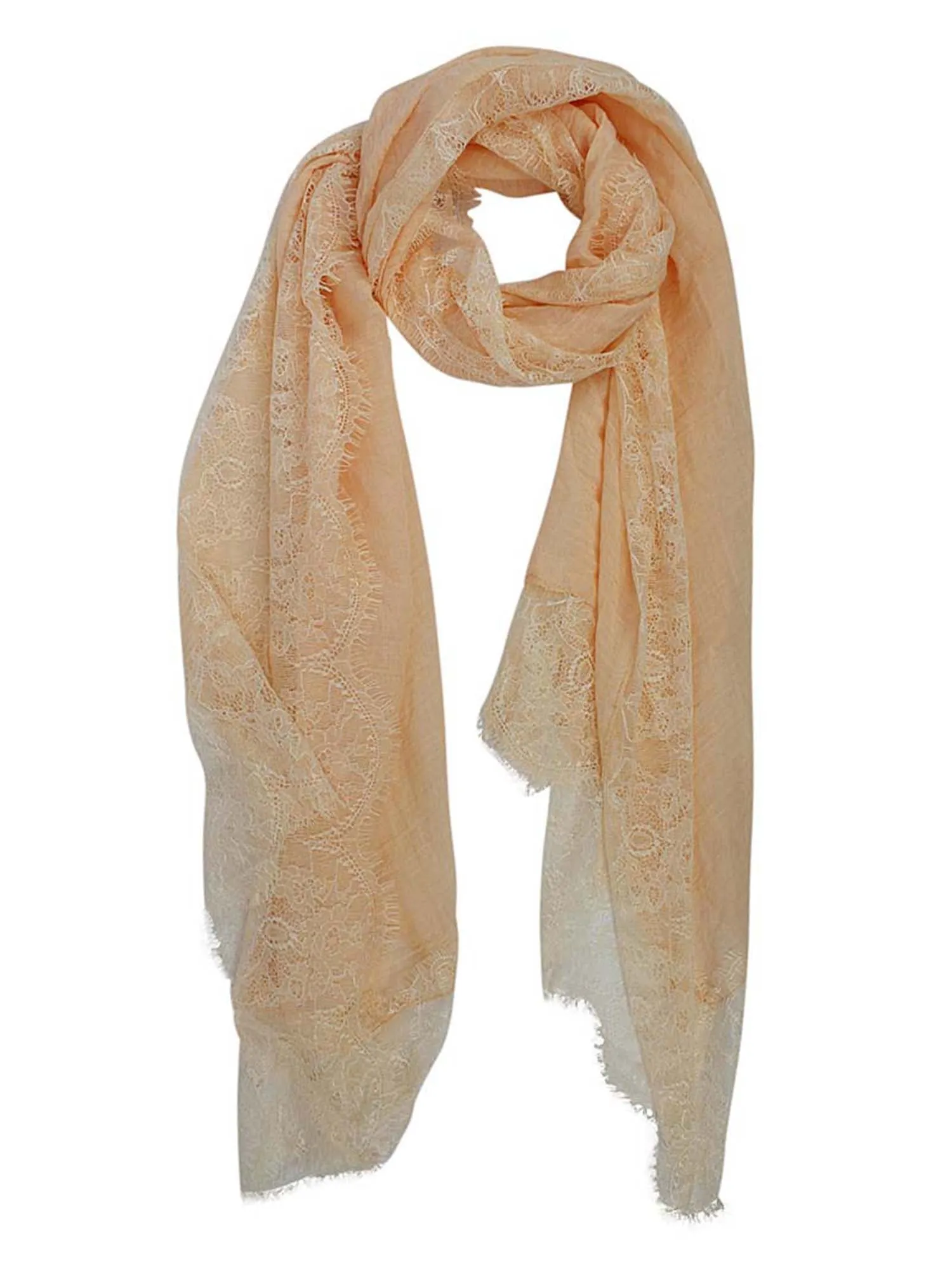 Peach Lightweight Gauze Oblong Scarf With Lace Edge