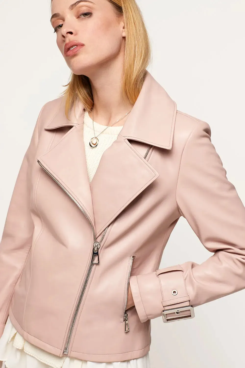 Pink leather biker jacket