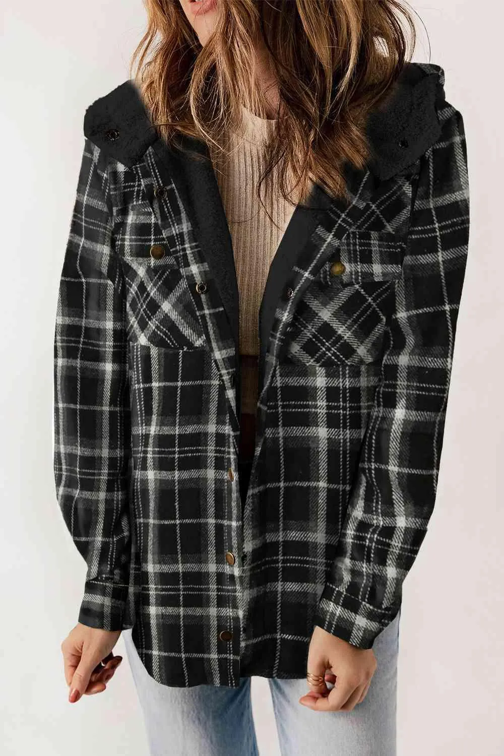 Plaid Snap Down Hooded Jacket - Stylish & Cozy Outerwear for All Seasons