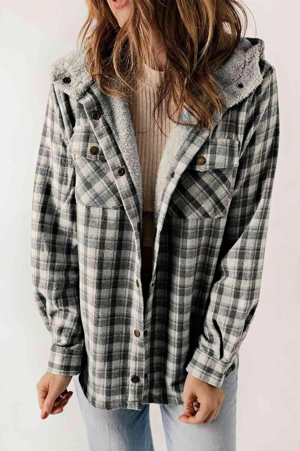 Plaid Snap Down Hooded Jacket - Stylish & Cozy Outerwear for All Seasons