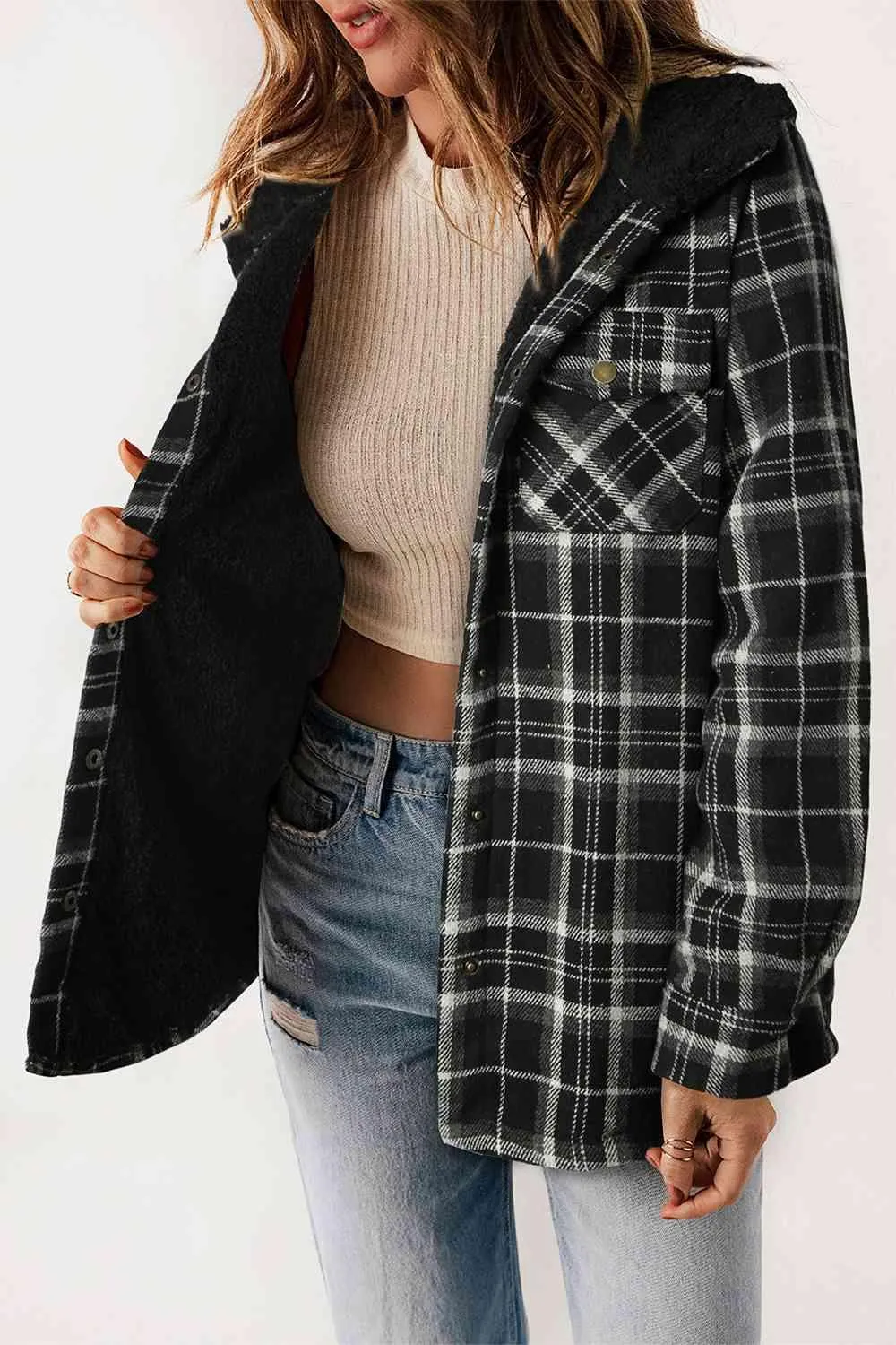 Plaid Snap Down Hooded Jacket - Stylish & Cozy Outerwear for All Seasons