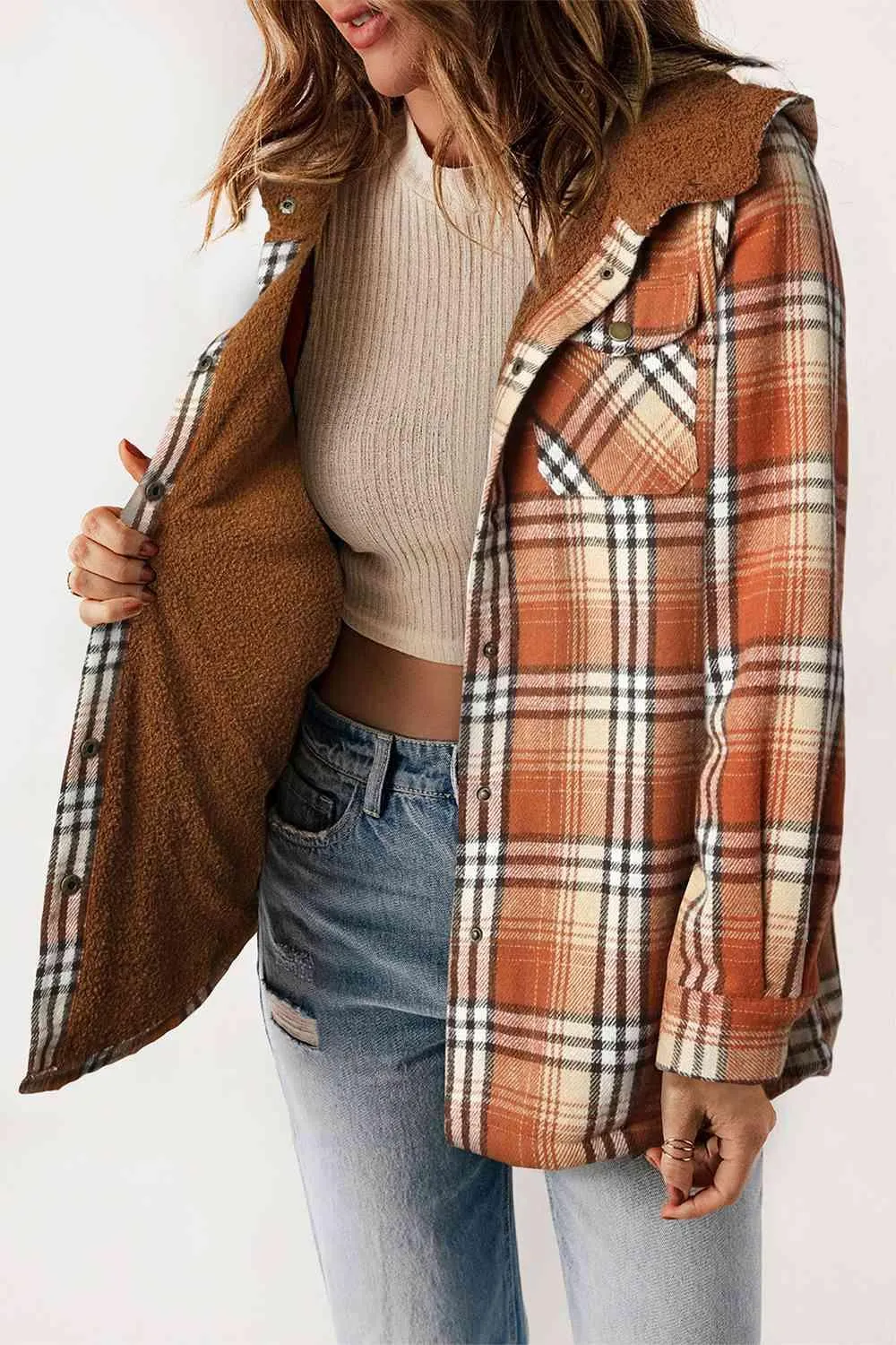 Plaid Snap Down Hooded Jacket - Stylish & Cozy Outerwear for All Seasons