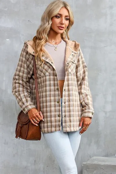 Plaid Snap Down Hooded Jacket - Stylish & Cozy Outerwear for All Seasons