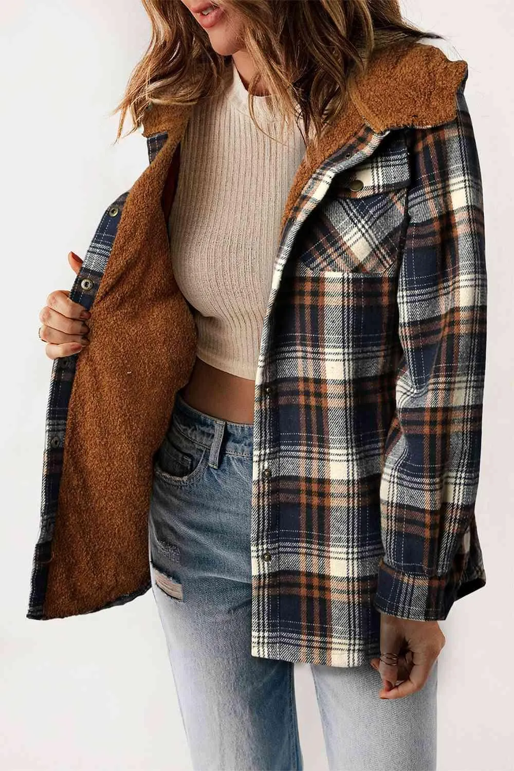 Plaid Snap Down Hooded Jacket - Stylish & Cozy Outerwear for All Seasons