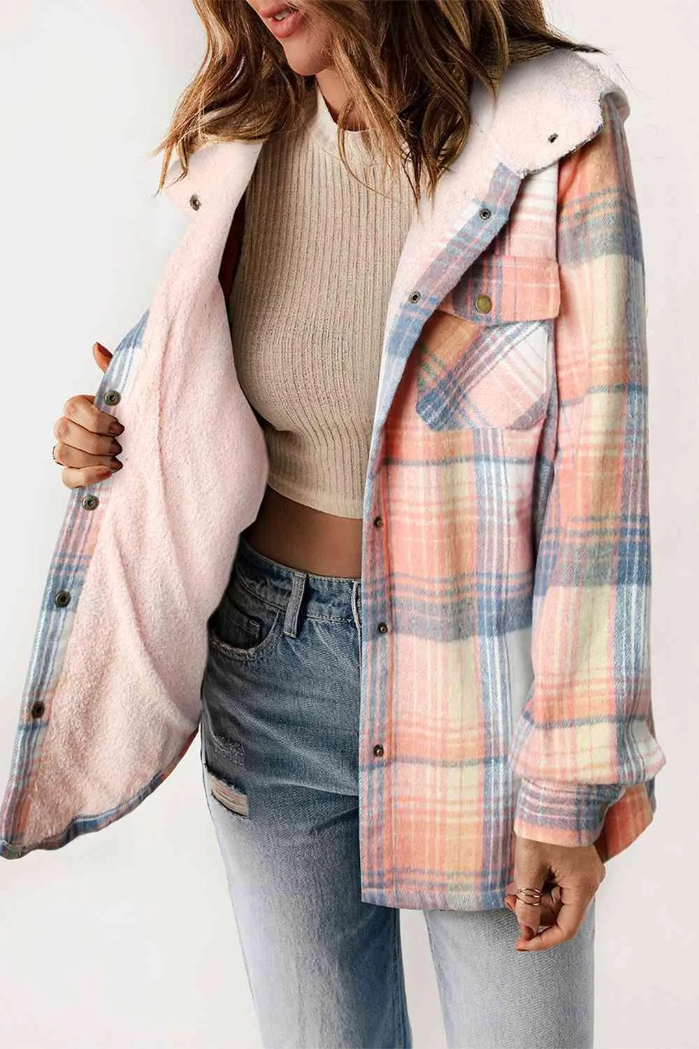 Plaid Snap Down Hooded Jacket - Stylish & Cozy Outerwear for All Seasons