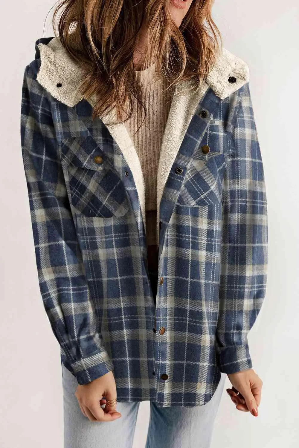 Plaid Snap Down Hooded Jacket - Stylish & Cozy Outerwear for All Seasons