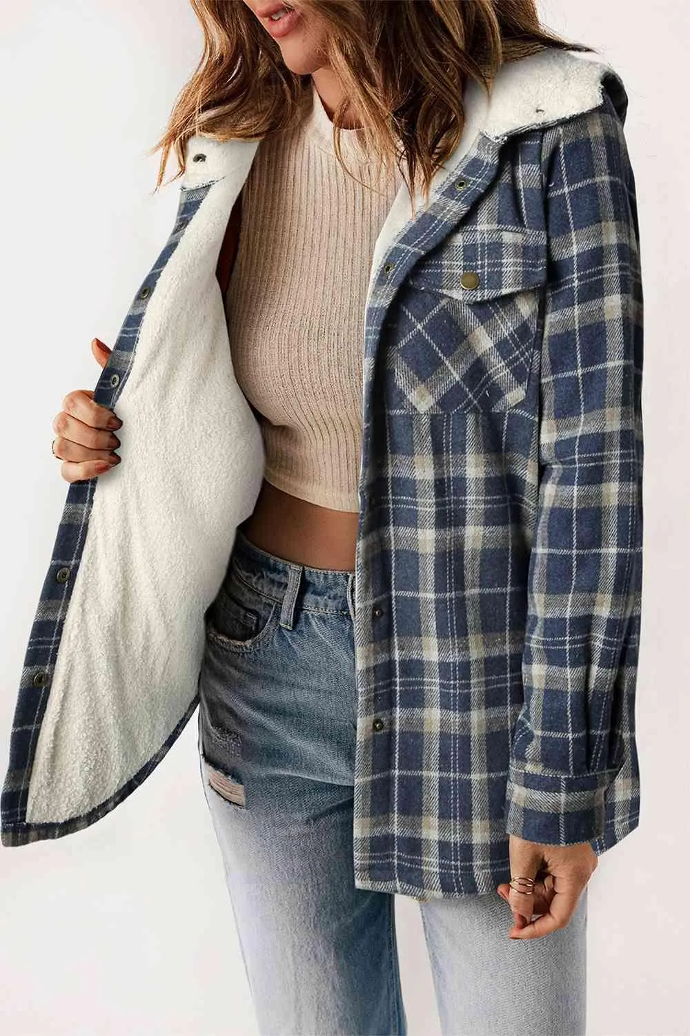 Plaid Snap Down Hooded Jacket - Stylish & Cozy Outerwear for All Seasons