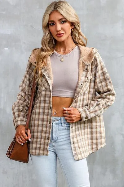 Plaid Snap Down Hooded Jacket - Stylish & Cozy Outerwear for All Seasons