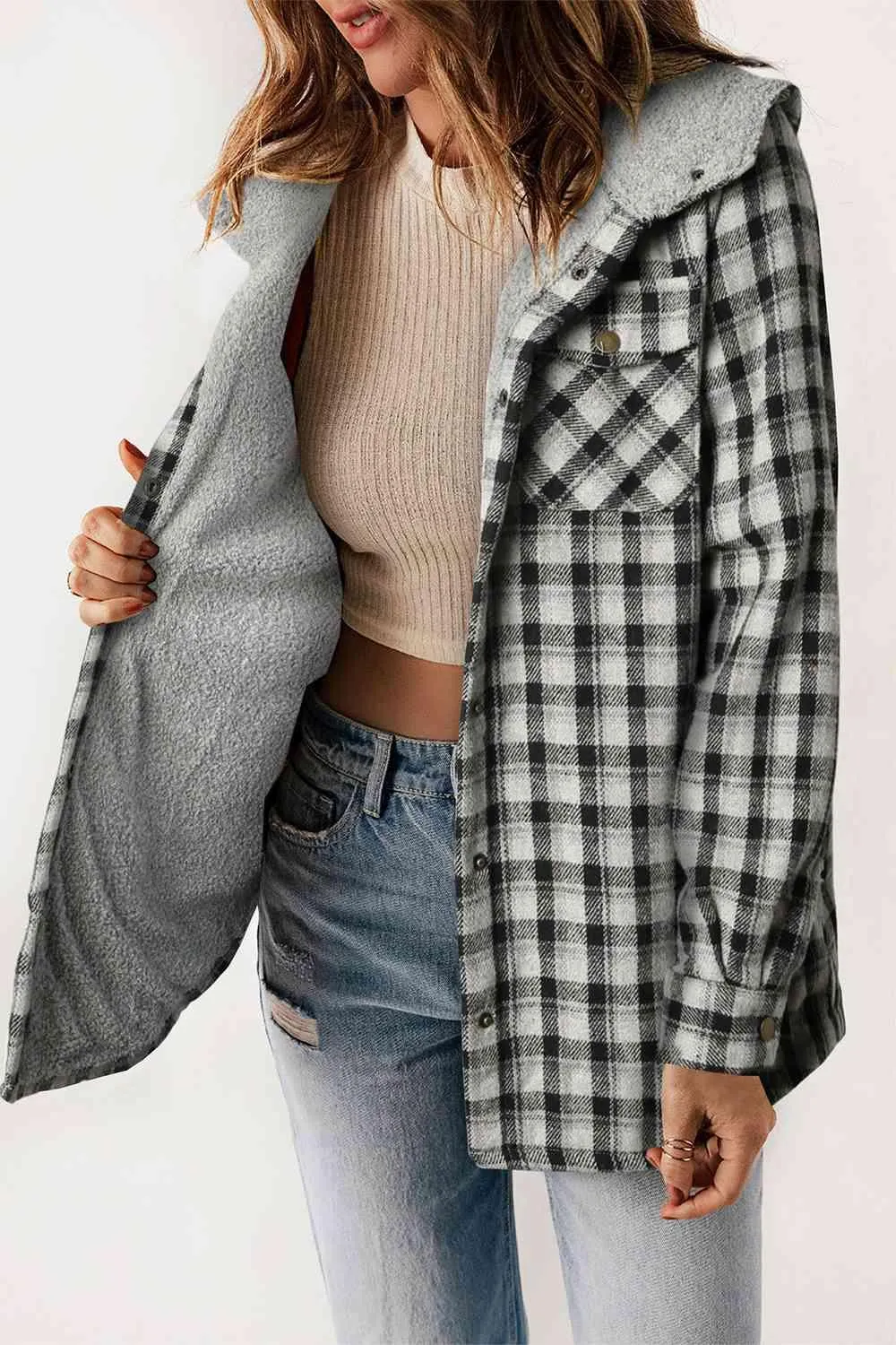 Plaid Snap Down Hooded Jacket - Stylish & Cozy Outerwear for All Seasons