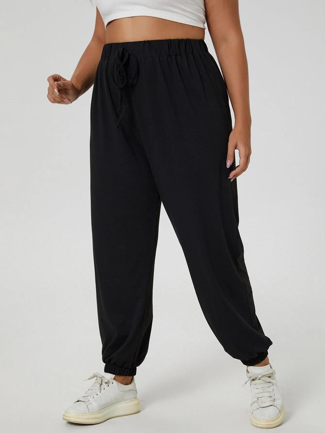 Plain Drawstring Natural Long Plus Size Sweatpants