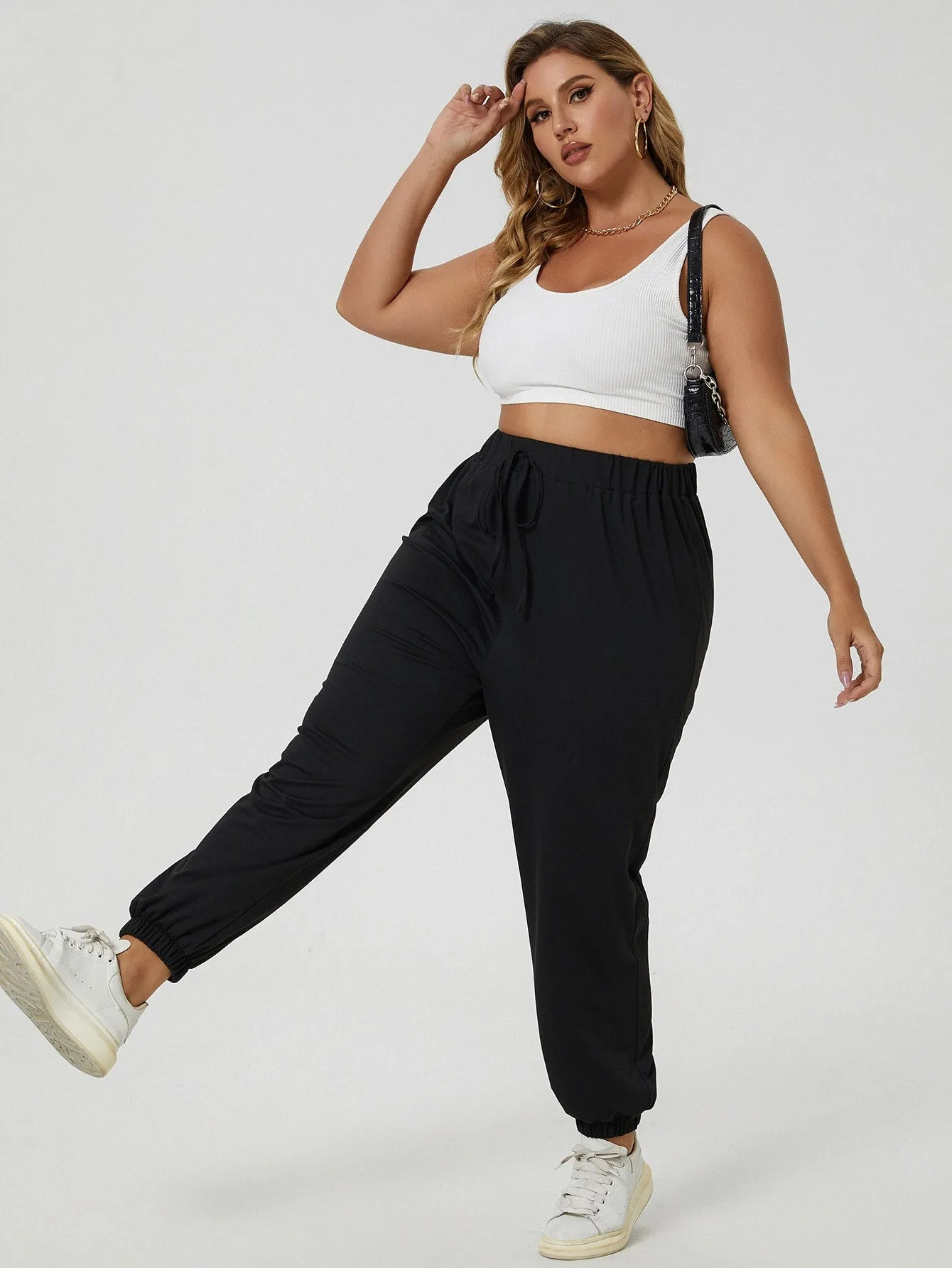 Plain Drawstring Natural Long Plus Size Sweatpants