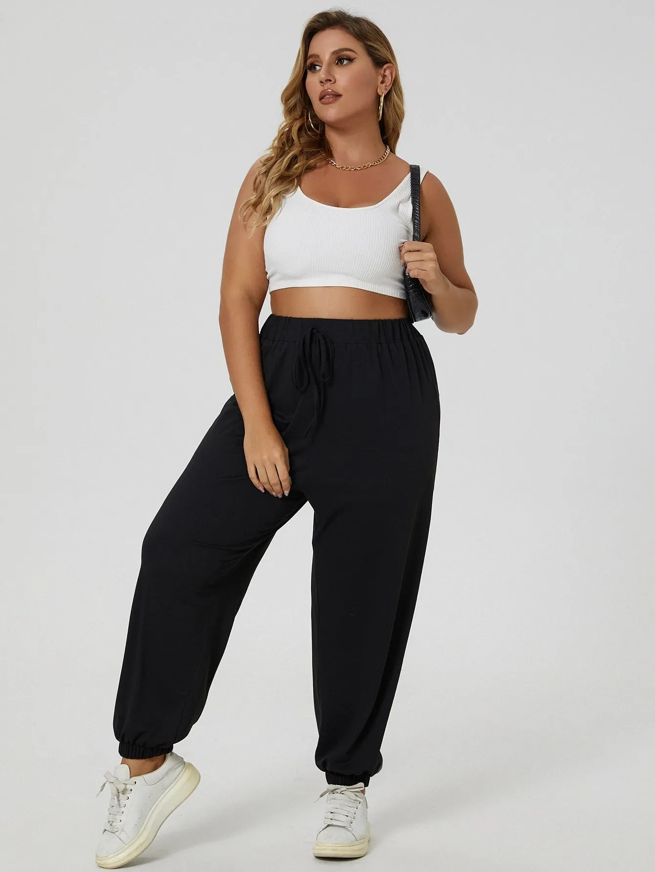 Plain Drawstring Natural Long Plus Size Sweatpants