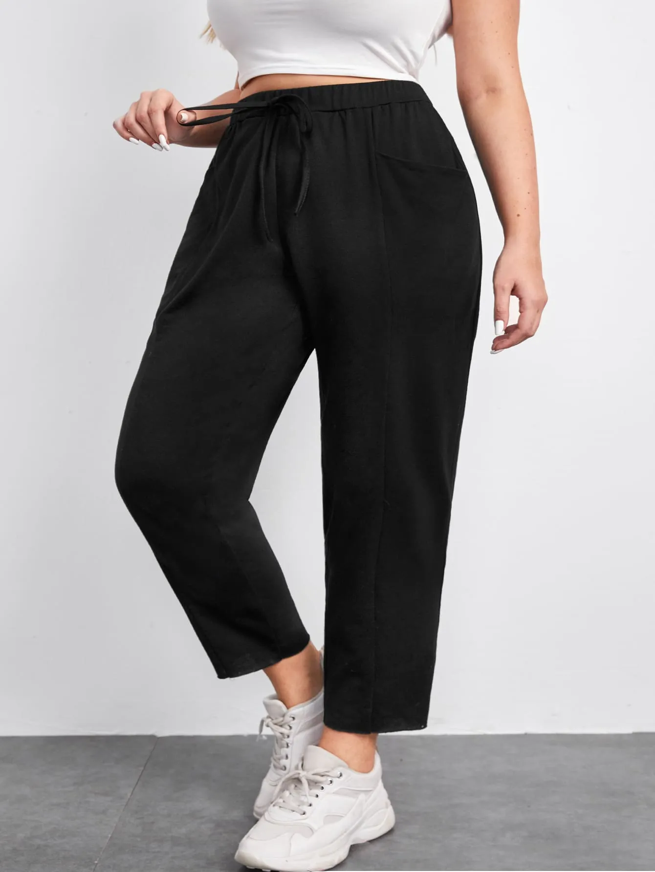 Plain Pocket High Waist Cropped Plus Size Sweatpants