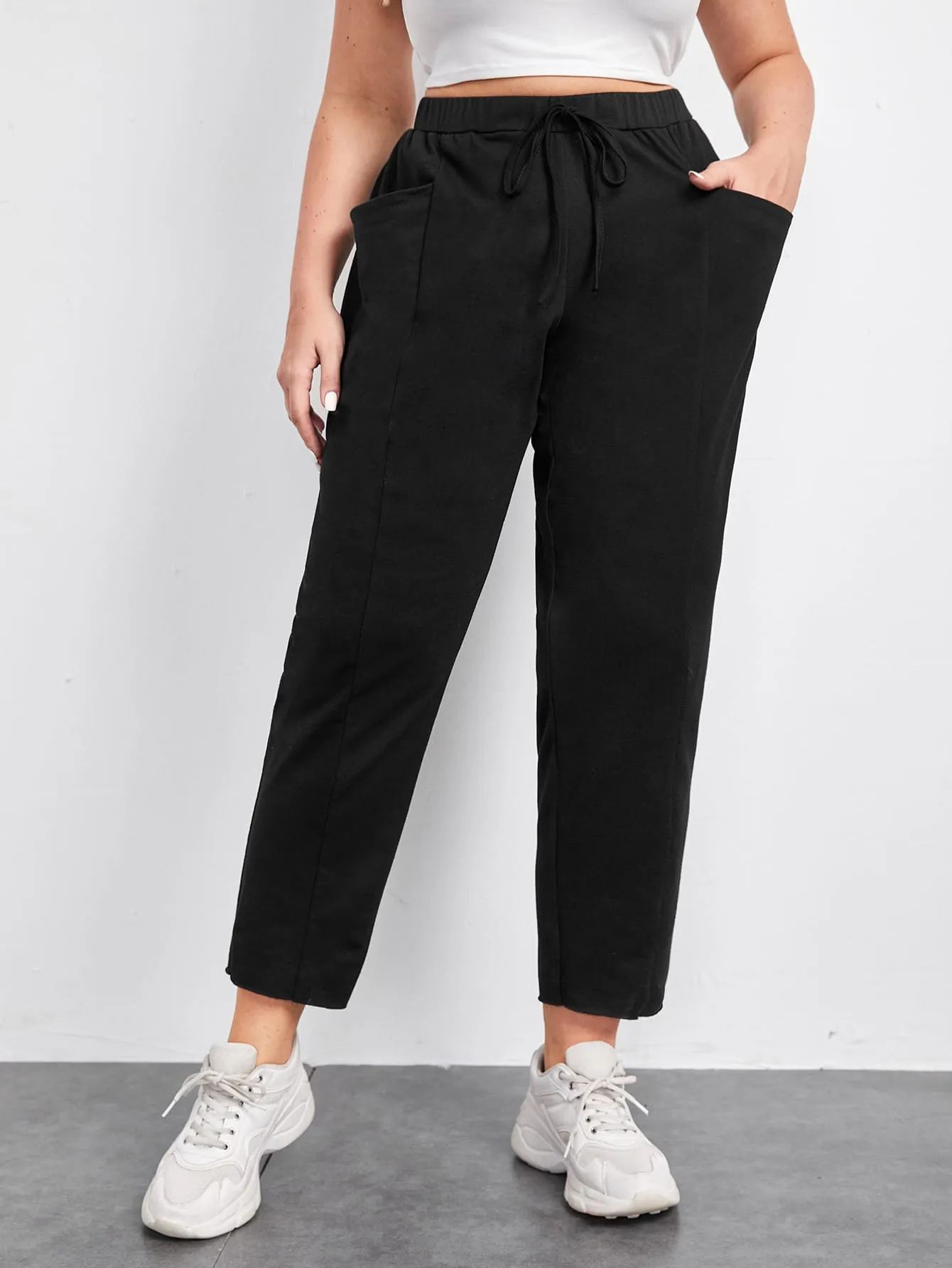 Plain Pocket High Waist Cropped Plus Size Sweatpants