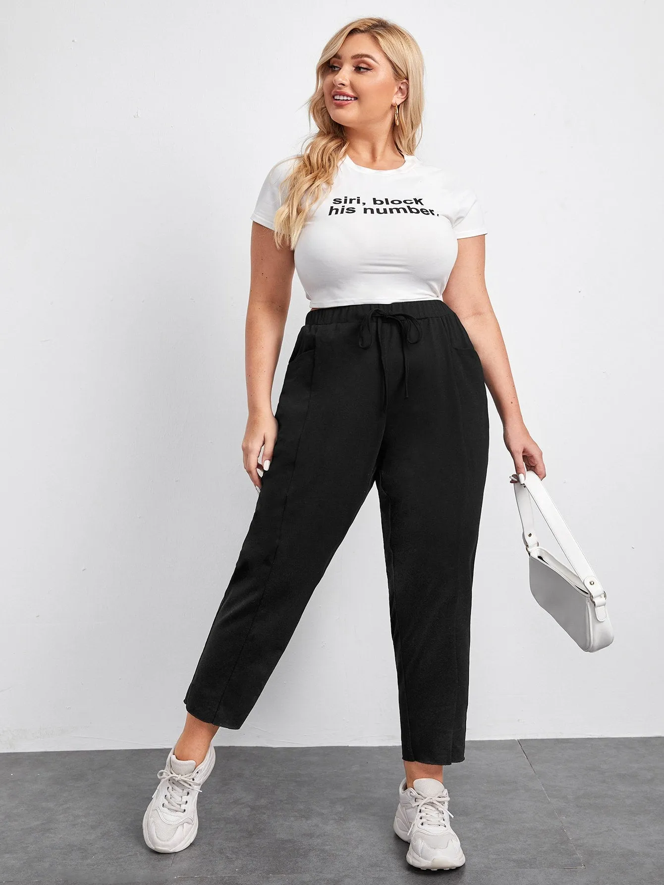 Plain Pocket High Waist Cropped Plus Size Sweatpants