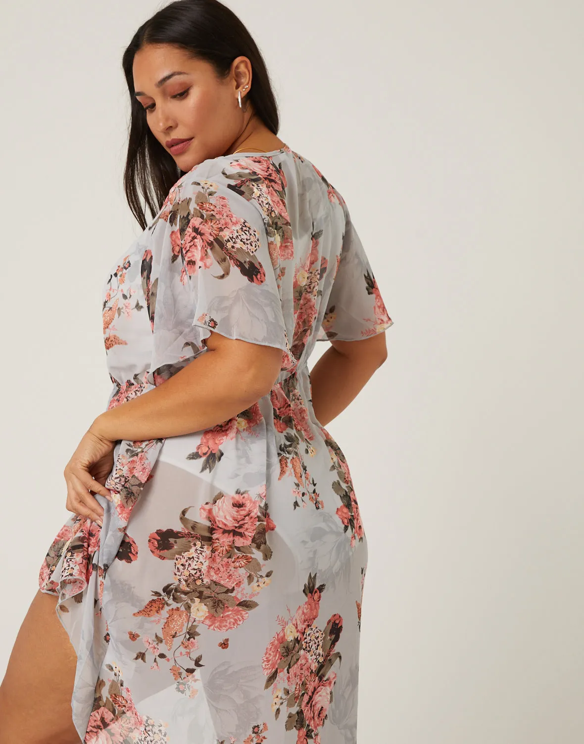 Plus Size Floral Mesh Kimono