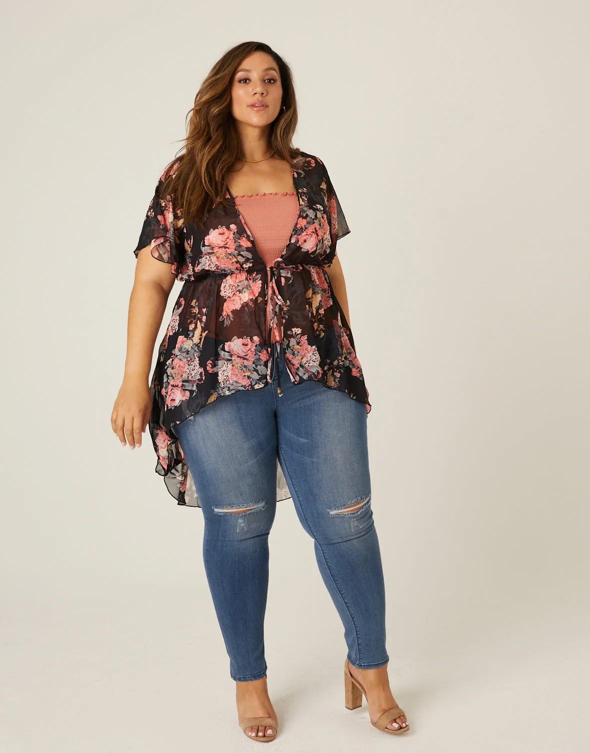 Plus Size Floral Mesh Kimono