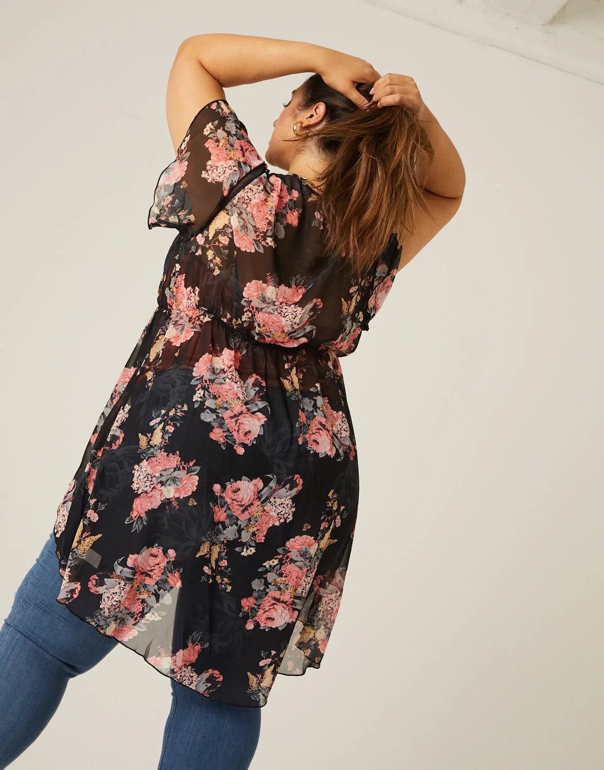 Plus Size Floral Mesh Kimono