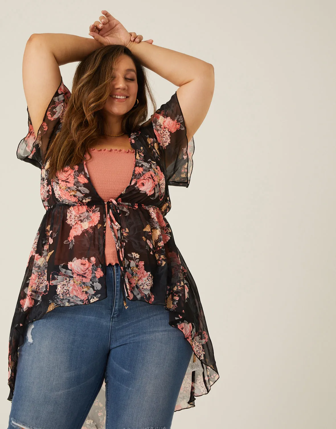 Plus Size Floral Mesh Kimono