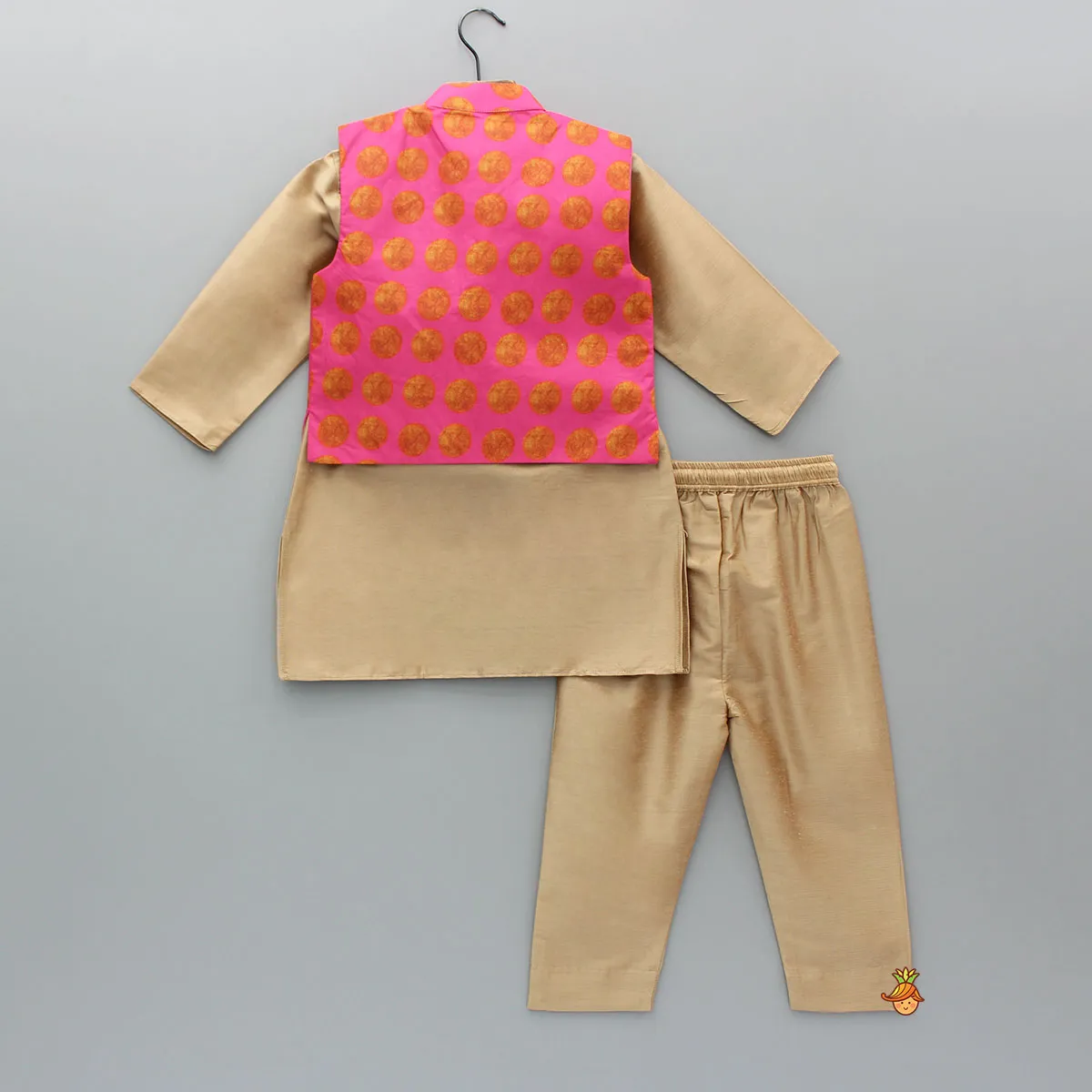 Pre Order: Brown Kurta With Printed Front Open Pink Jacket And Pyjama