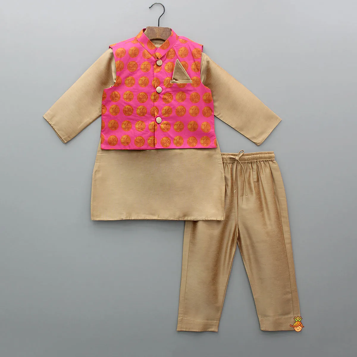 Pre Order: Brown Kurta With Printed Front Open Pink Jacket And Pyjama