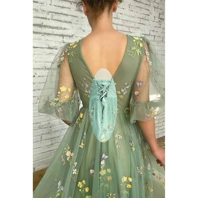 Puffy Sleeve Long Prom Dresses Flower Embroidery Tulle Gowns V Neck A-line Formal Evening Party Gown