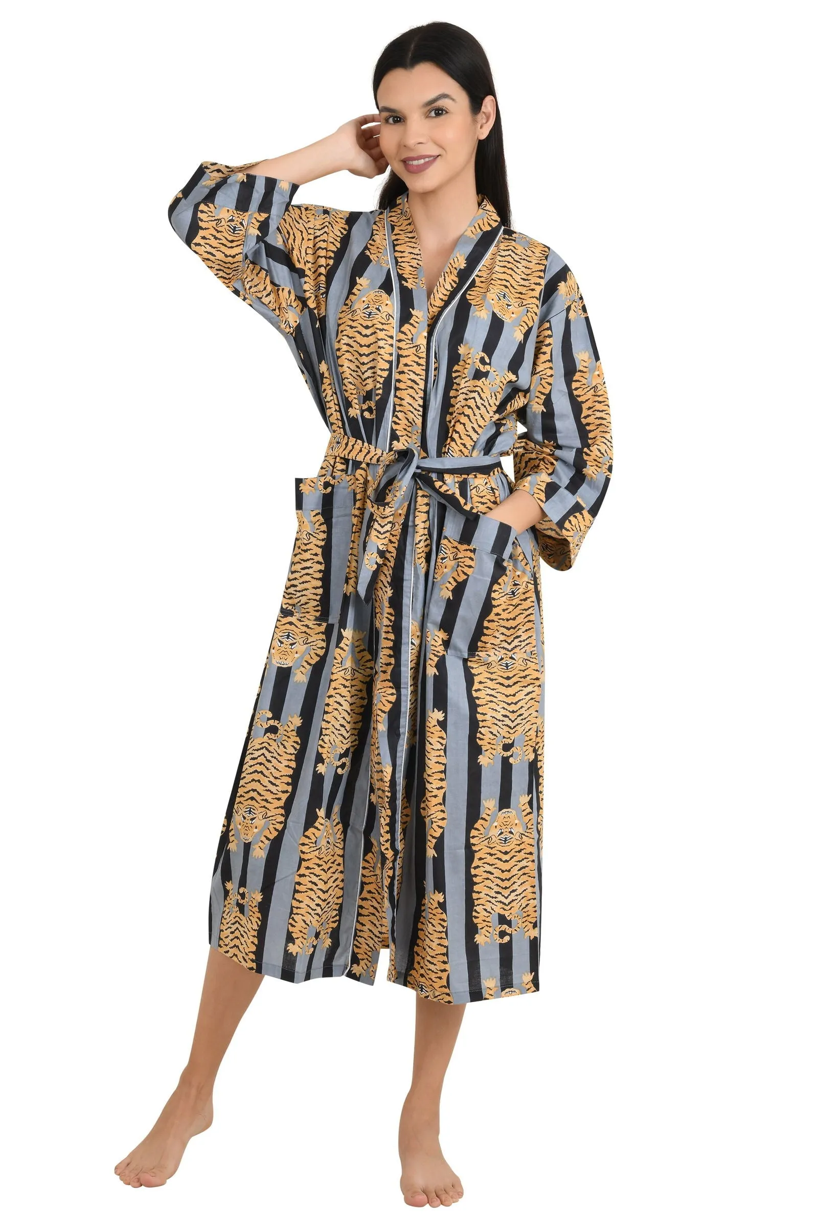 Pure Cotton Kimono Indian Handprinted Boho House Robe Summer Dress | Black Grey Stripe Cheetah | Beach Cover Up Wear | Christmas Present