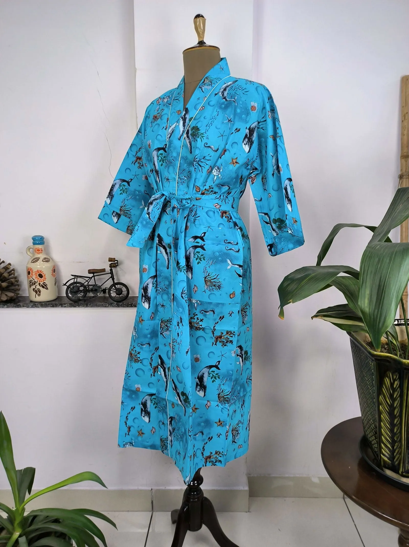 Pure Cotton Kimono Indian Handprinted Boho House Robe Summer Dress | Blue Ocean Fish Print | Beach Cover Up Wear | Christmas Present