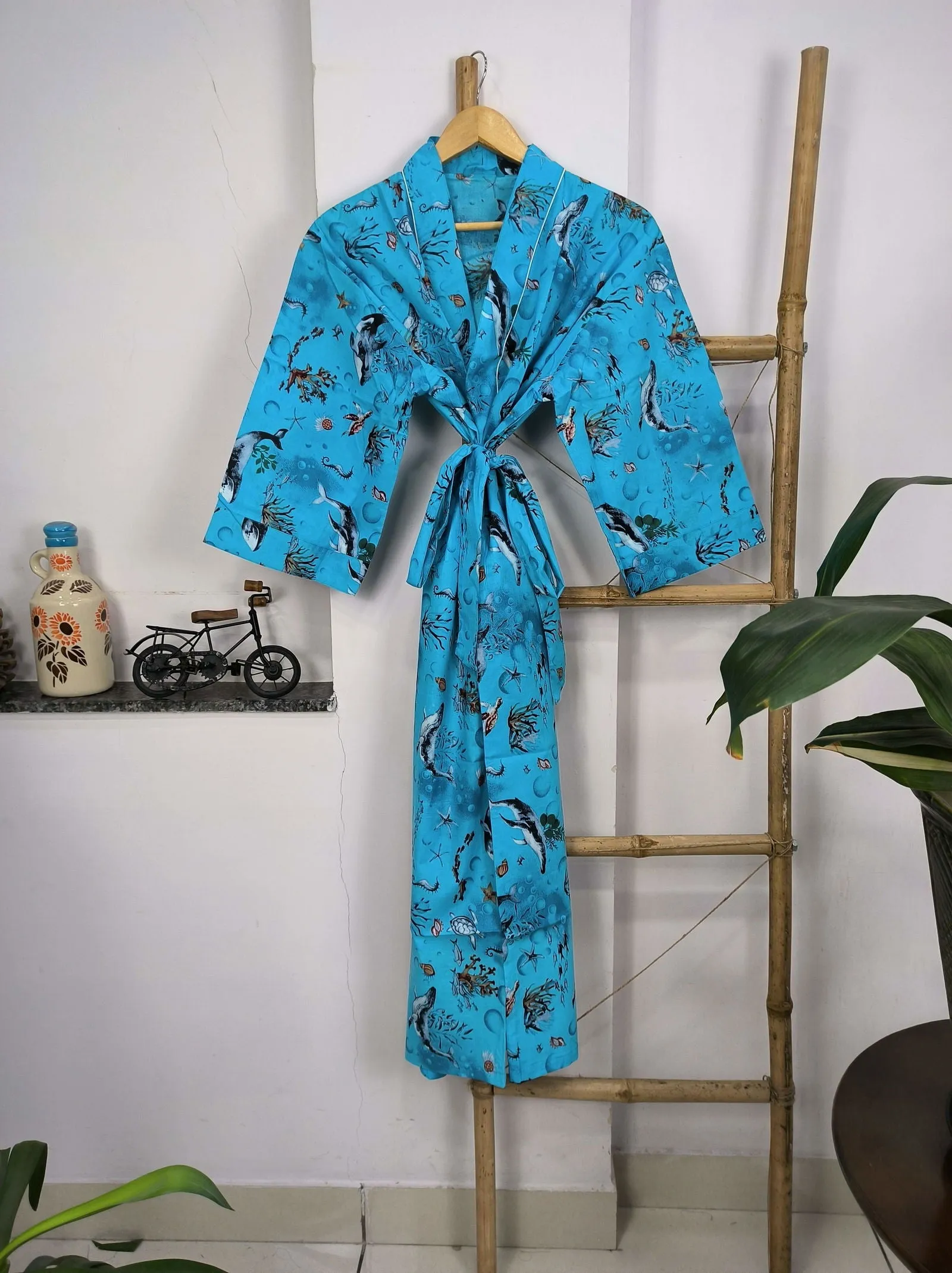 Pure Cotton Kimono Indian Handprinted Boho House Robe Summer Dress | Blue Ocean Fish Print | Beach Cover Up Wear | Christmas Present