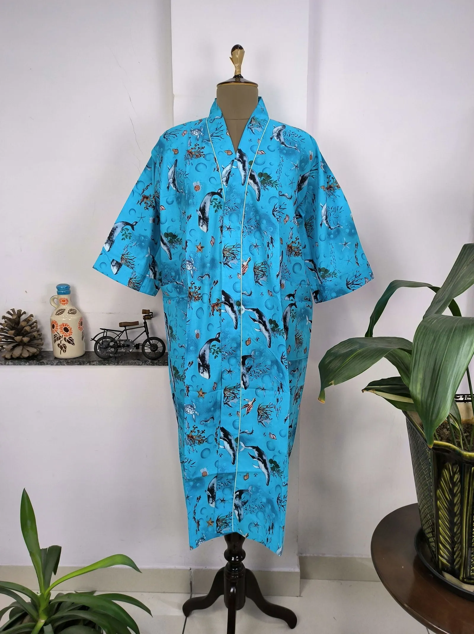 Pure Cotton Kimono Indian Handprinted Boho House Robe Summer Dress | Blue Ocean Fish Print | Beach Cover Up Wear | Christmas Present