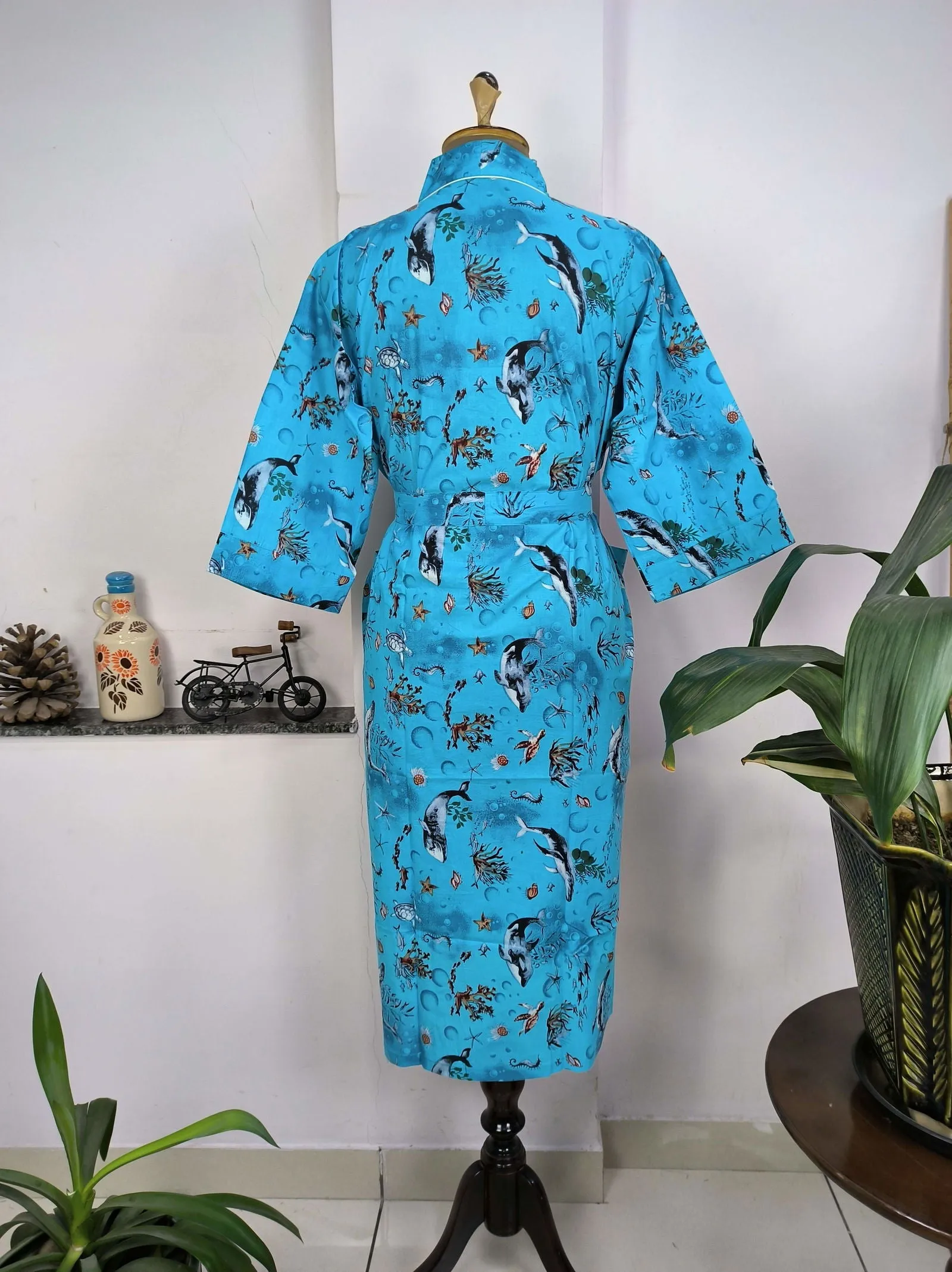 Pure Cotton Kimono Indian Handprinted Boho House Robe Summer Dress | Blue Ocean Fish Print | Beach Cover Up Wear | Christmas Present