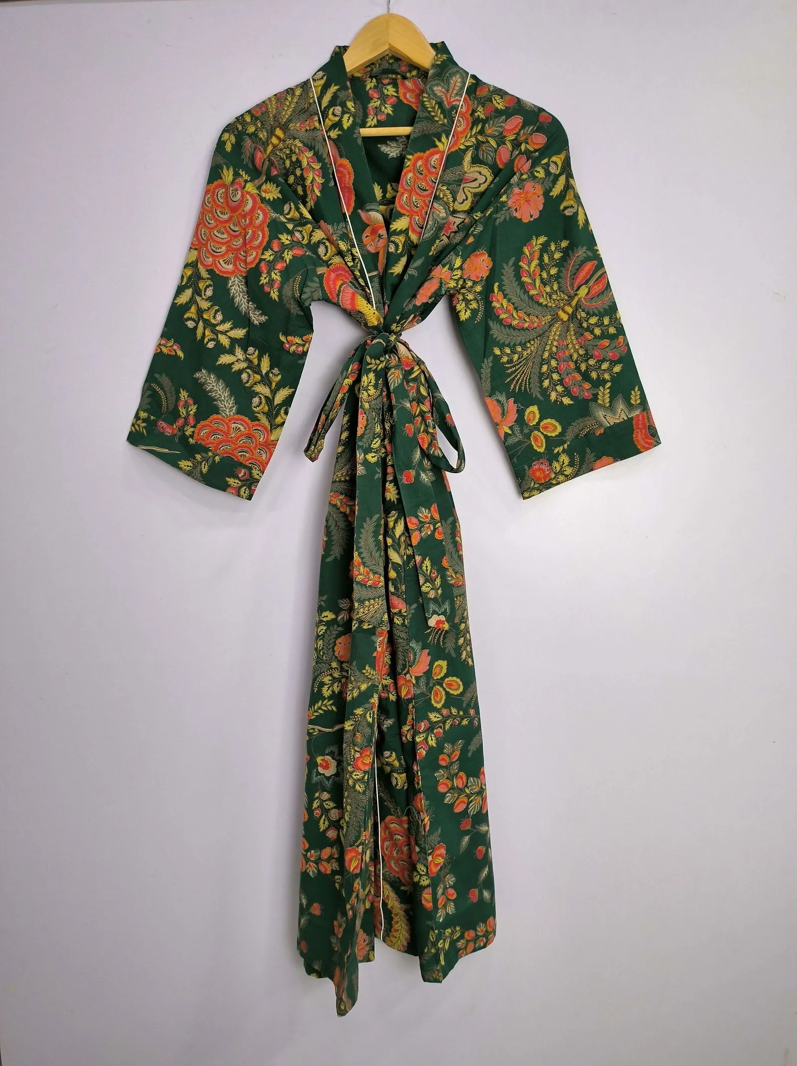 Pure Cotton Kimono Indian Handprinted Boho House Robe Summer Dress | Green Red Yellow Floral | Beach Cover Up Wear | Christmas Present