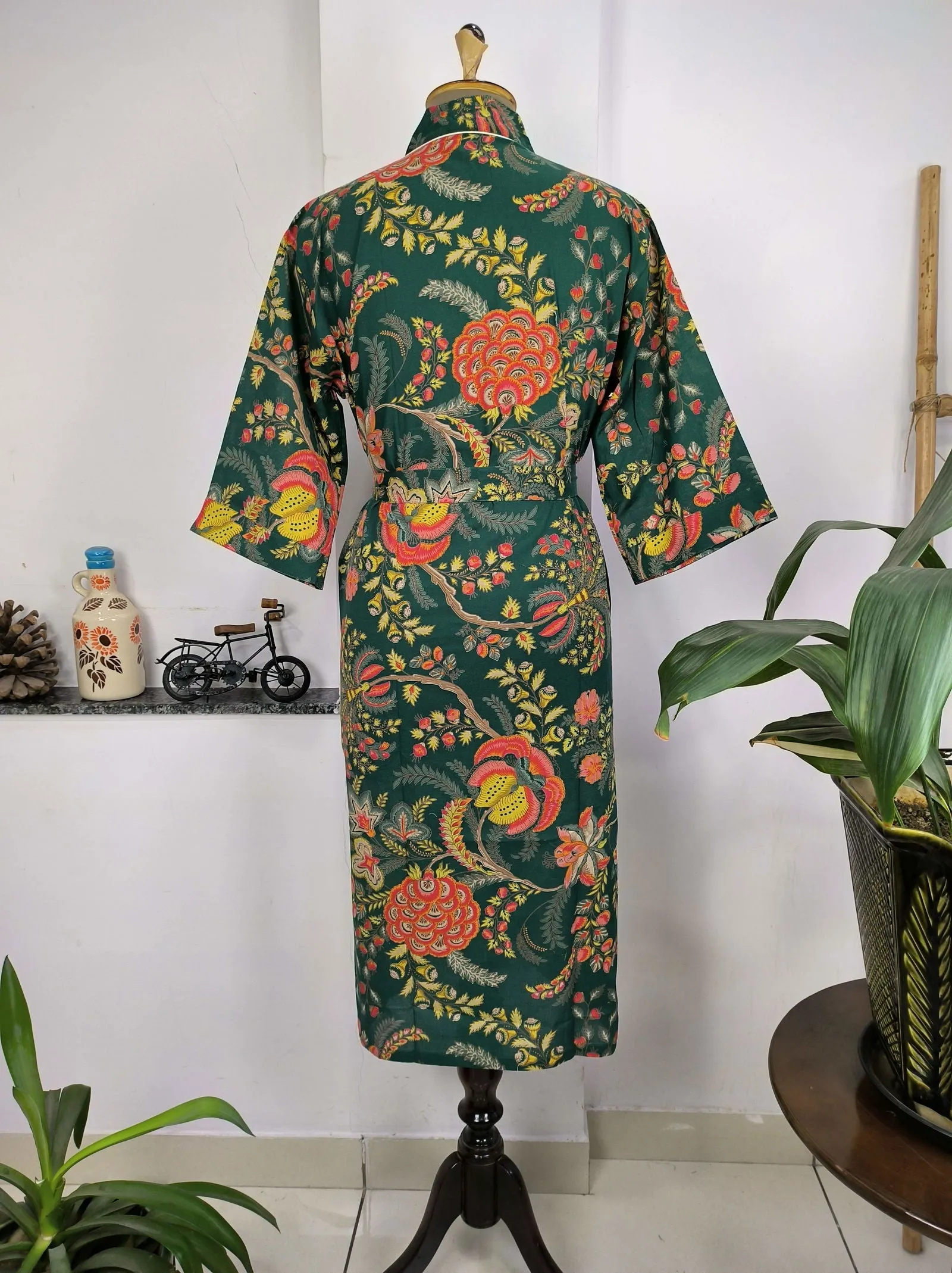 Pure Cotton Kimono Indian Handprinted Boho House Robe Summer Dress | Green Red Yellow Floral | Beach Cover Up Wear | Christmas Present