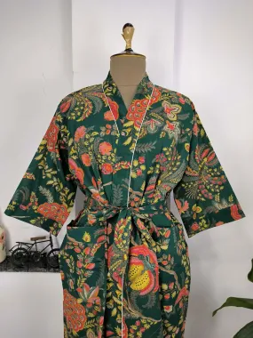 Pure Cotton Kimono Indian Handprinted Boho House Robe Summer Dress | Green Red Yellow Floral | Beach Cover Up Wear | Christmas Present