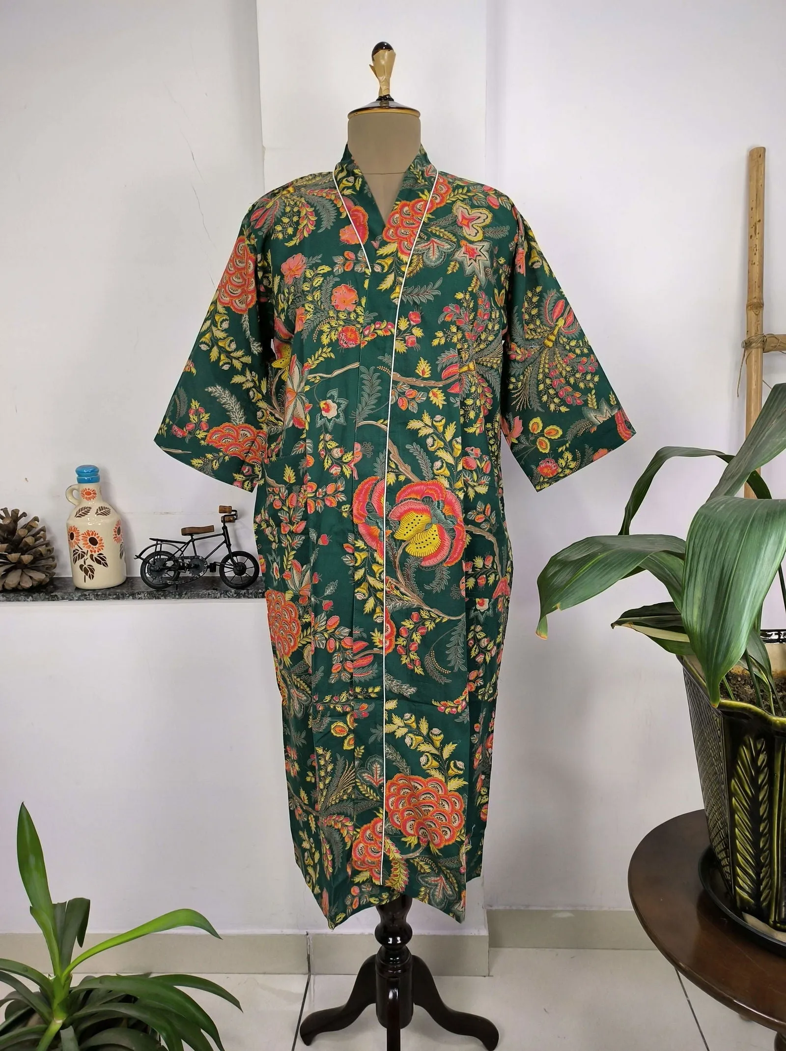 Pure Cotton Kimono Indian Handprinted Boho House Robe Summer Dress | Green Red Yellow Floral | Beach Cover Up Wear | Christmas Present