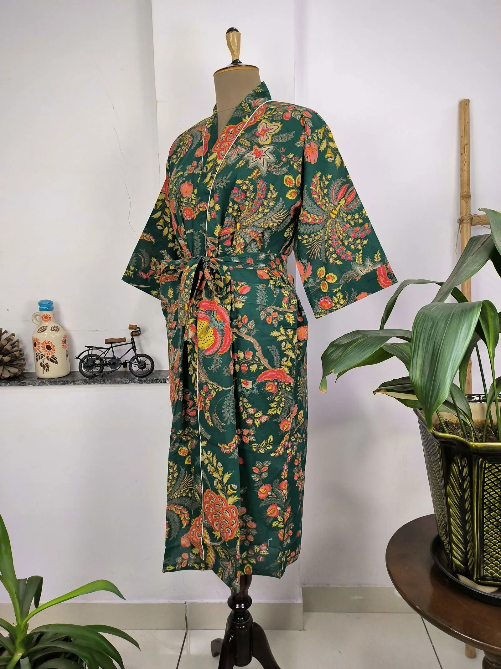 Pure Cotton Kimono Indian Handprinted Boho House Robe Summer Dress | Green Red Yellow Floral | Beach Cover Up Wear | Christmas Present