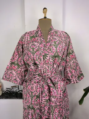 Pure Cotton Kimono Indian Handprinted Boho House Robe Summer Dress | Pink Green Leaf Print | Beach Cover Up Wear | Christmas Present