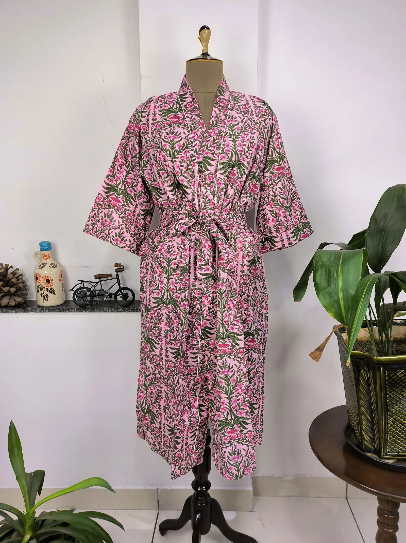 Pure Cotton Kimono Indian Handprinted Boho House Robe Summer Dress | Pink Green Leaf Print | Beach Cover Up Wear | Christmas Present