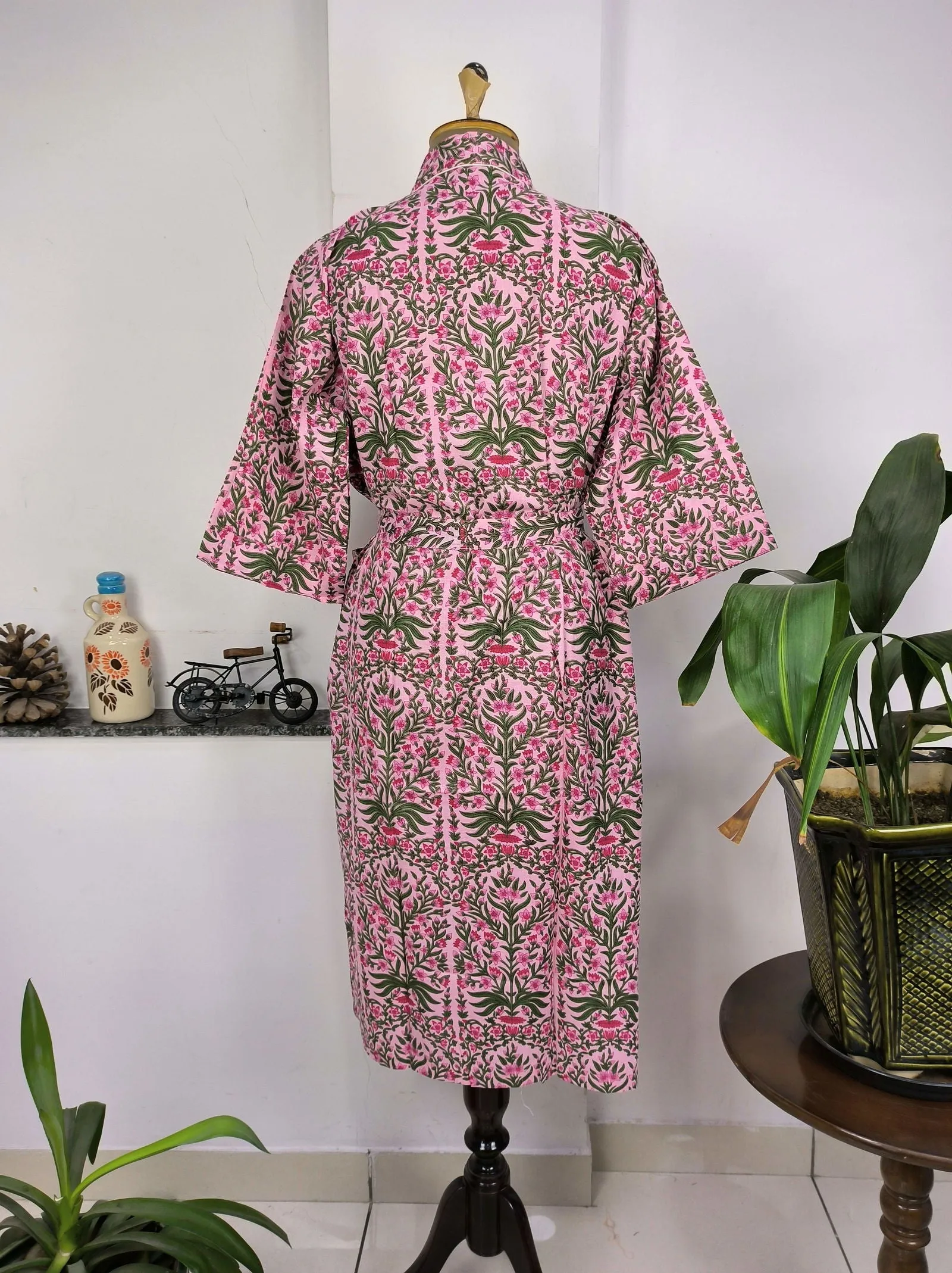 Pure Cotton Kimono Indian Handprinted Boho House Robe Summer Dress | Pink Green Leaf Print | Beach Cover Up Wear | Christmas Present