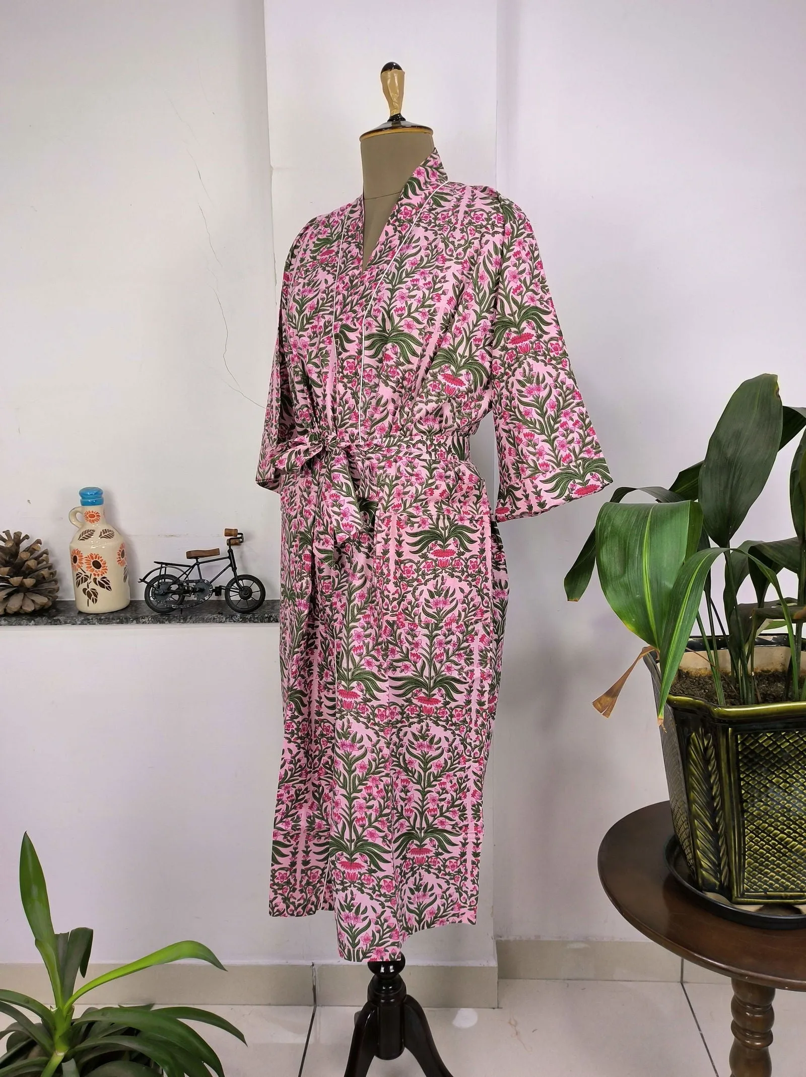 Pure Cotton Kimono Indian Handprinted Boho House Robe Summer Dress | Pink Green Leaf Print | Beach Cover Up Wear | Christmas Present