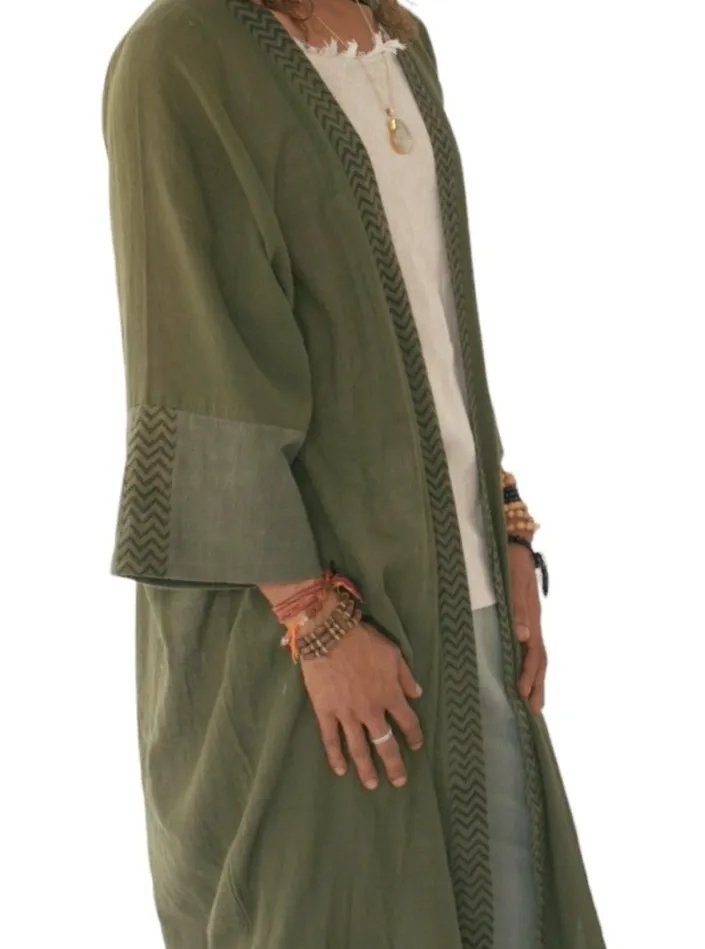 Raw Cotton Forest Green Long Kimono