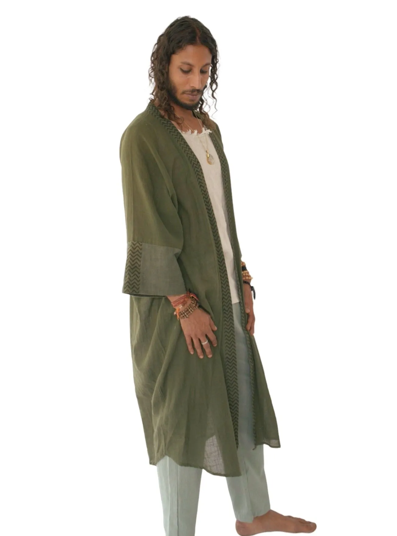 Raw Cotton Forest Green Long Kimono