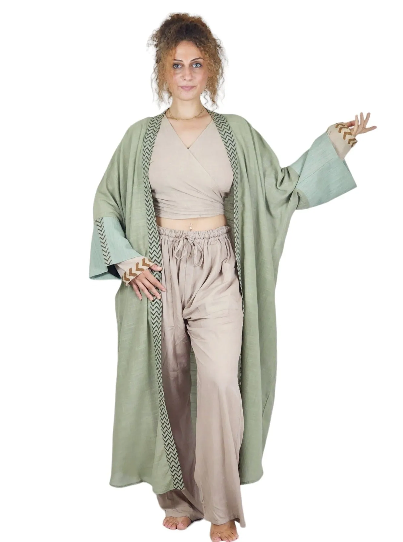 Raw Cotton Green Sage Long Kimono